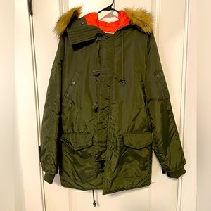 Native Youth Green Parka, fur lined hood, size M